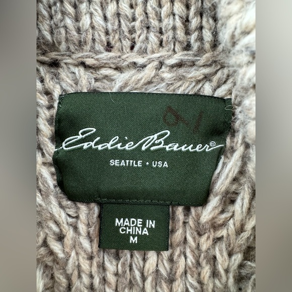 Eddie Bauer Men’s Medium Beige Fisherman Chunky Cable Knit Wool Blend Sweater - Picture 8 of 8